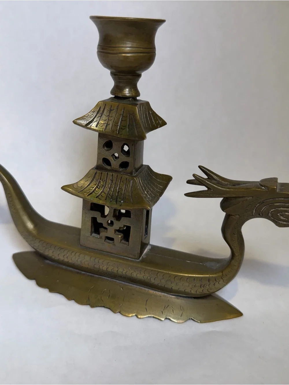 Vintage Brass Dragon Boat Pagoda Candle Holder Asian Dragon Candlestick Decor